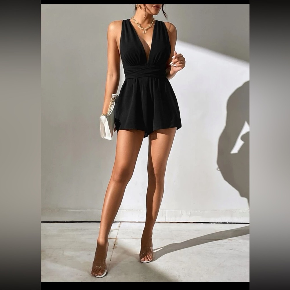 SHEIN Black V-Neck Waist-Tie Romper
